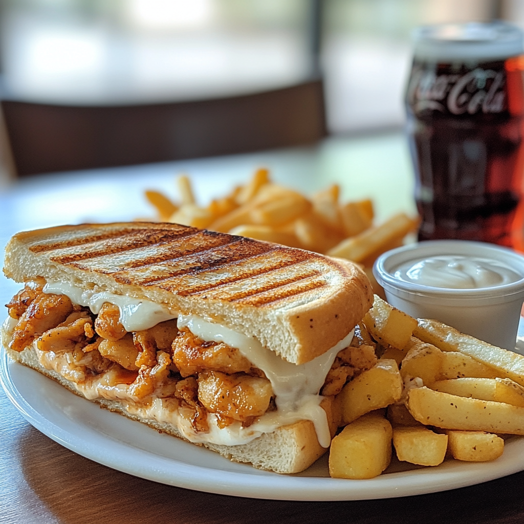 Grilled chicken and potato sandwich with cheese and sauces.