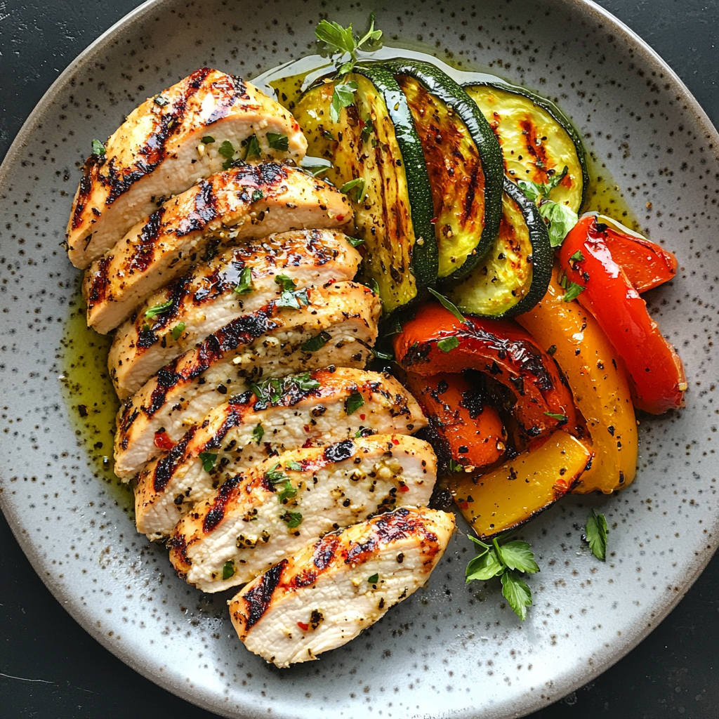 Grilled chicken and veggies drizzled with olive oil.