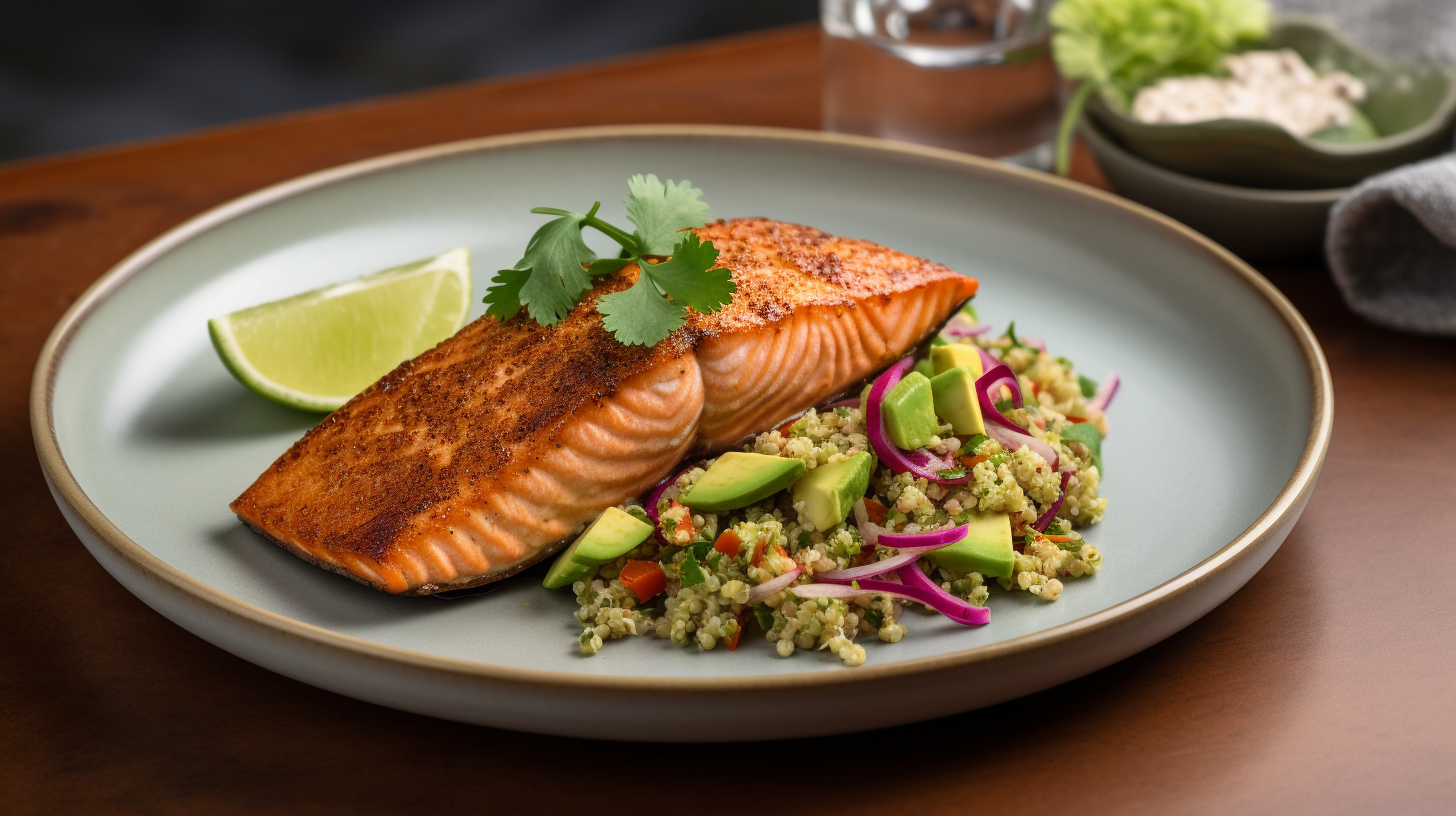 Grilled salmon fillet with quinoa salad and avocado.