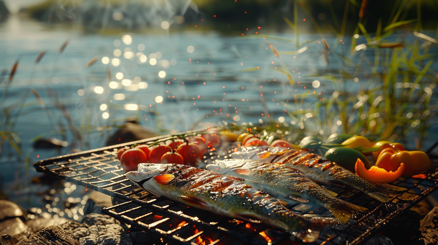 Grilling brook trout and vegetables by lake in America.