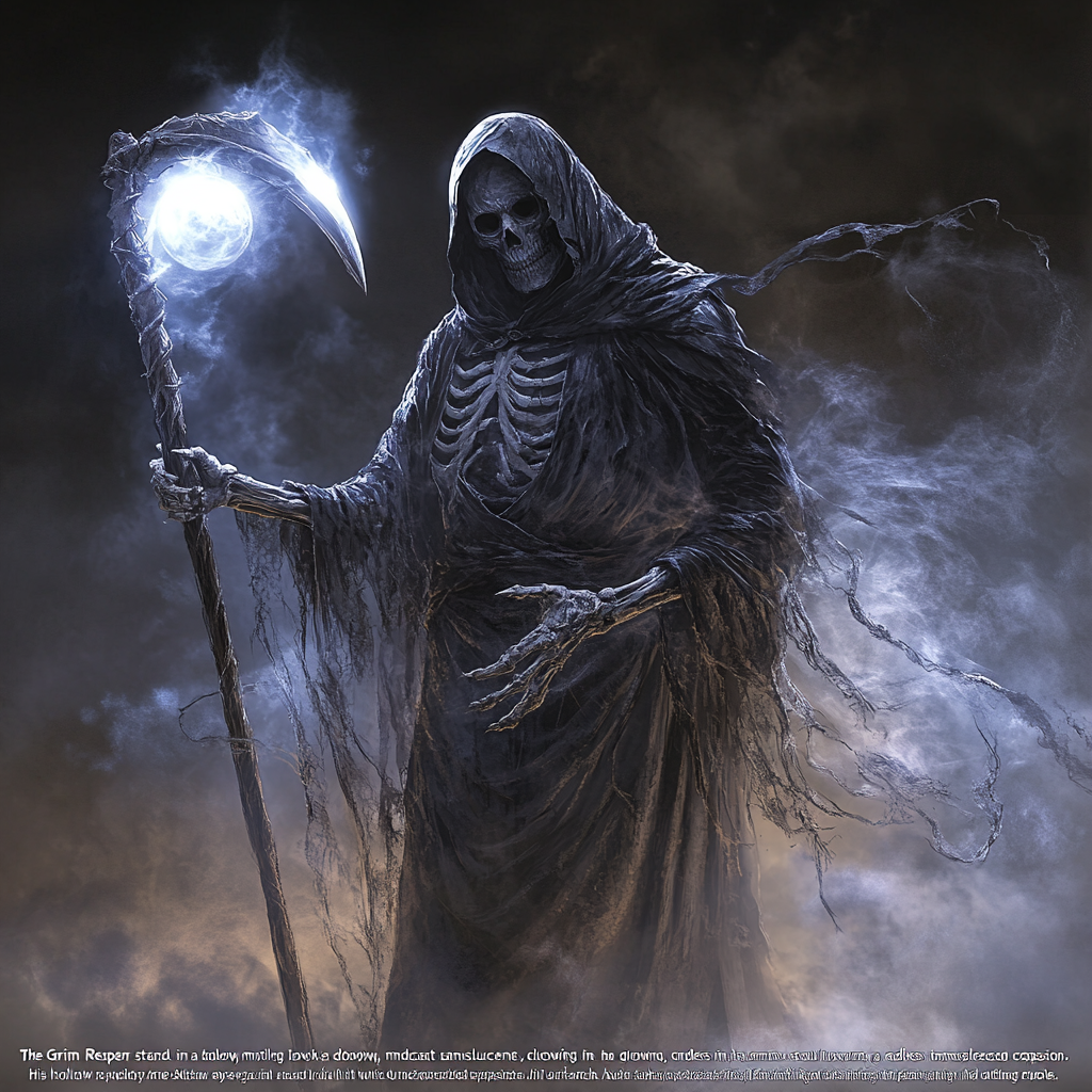 Grim Reaper in misty landscape holds glowing soul gently.