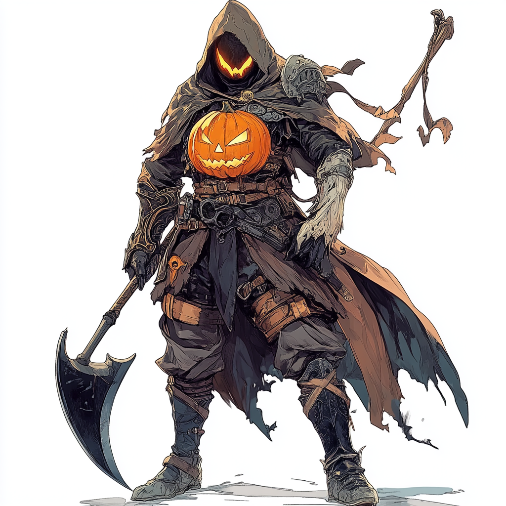 Grim Reaper style pumpkin armor, holding scythe.