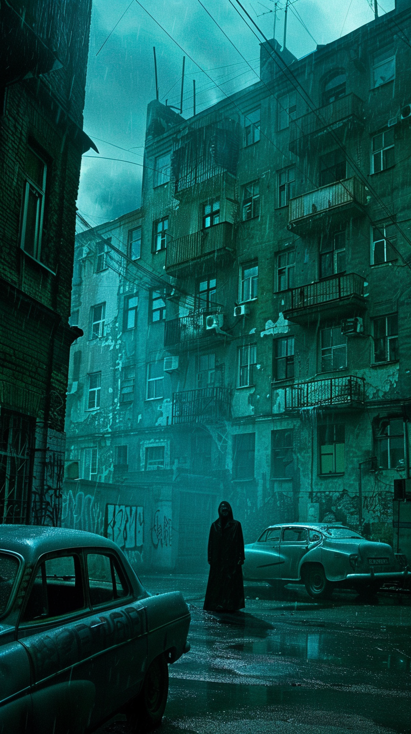 Grim Russian courtyard with ghostly figure in rain