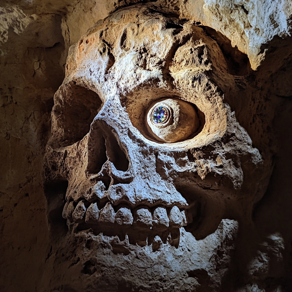 Grinning skull carving with jeweled eyeball in cave