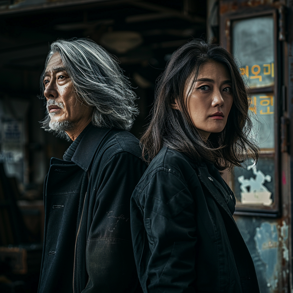 Gritty Korean Detective Drama Photoshoots: Two Detectives, Male (40s) and Female