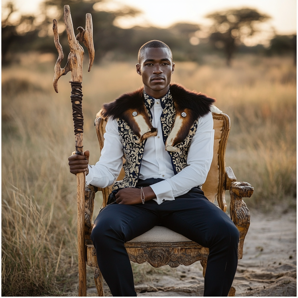 Groom in Botswana holding staff, sitting on chair.