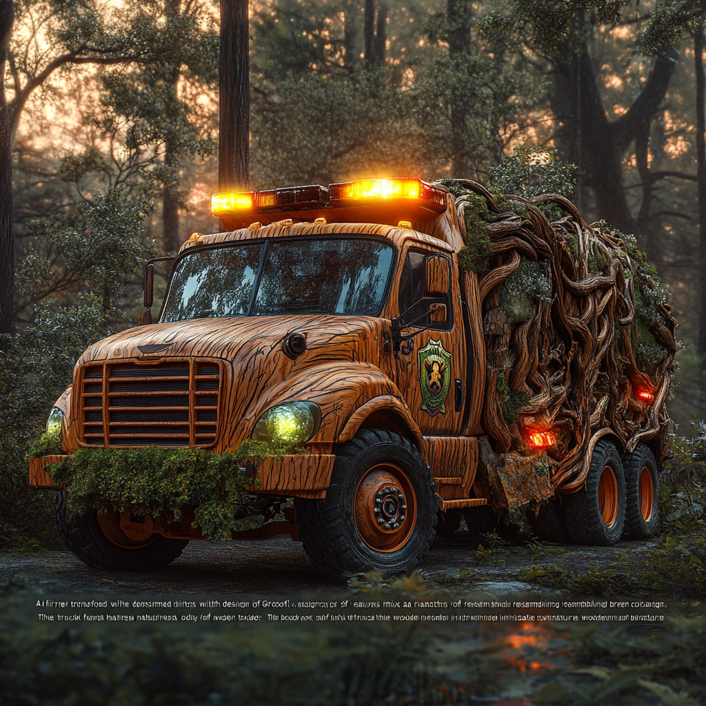 Groot-themed fire truck with natural, glowing design in forest.