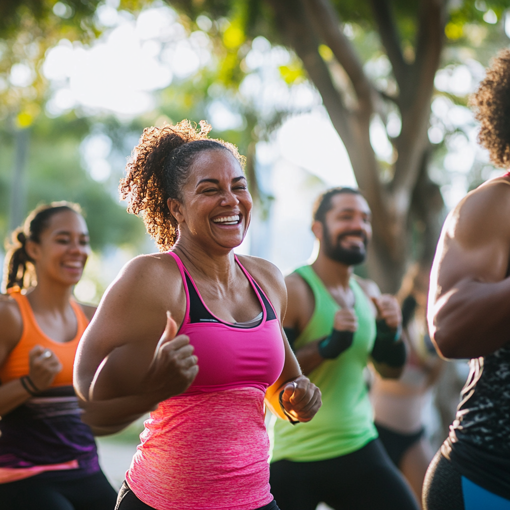 Group exercising outdoors, smiling, motivating and relieving stress.