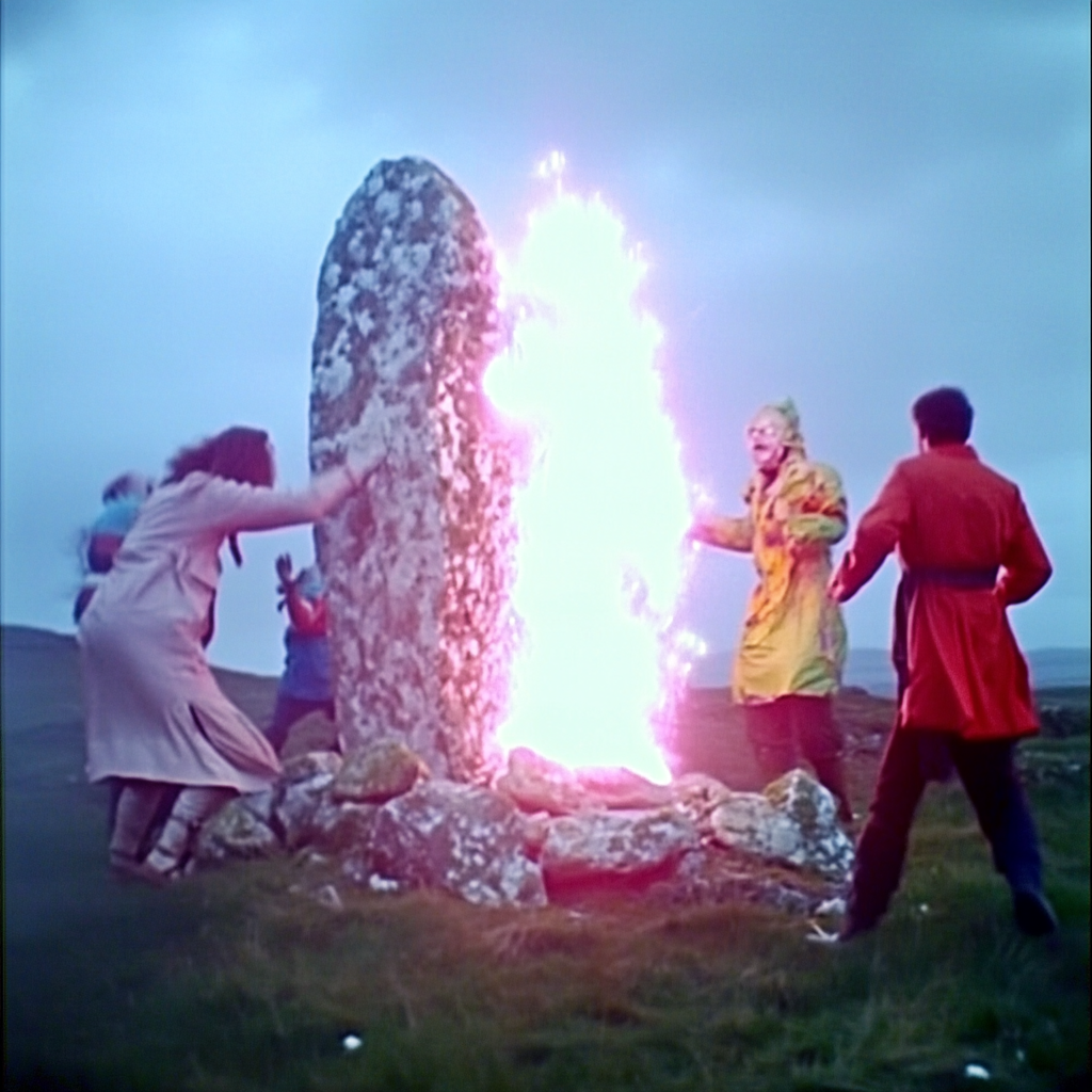 Group hitting menhir with rocks in horror film scene.