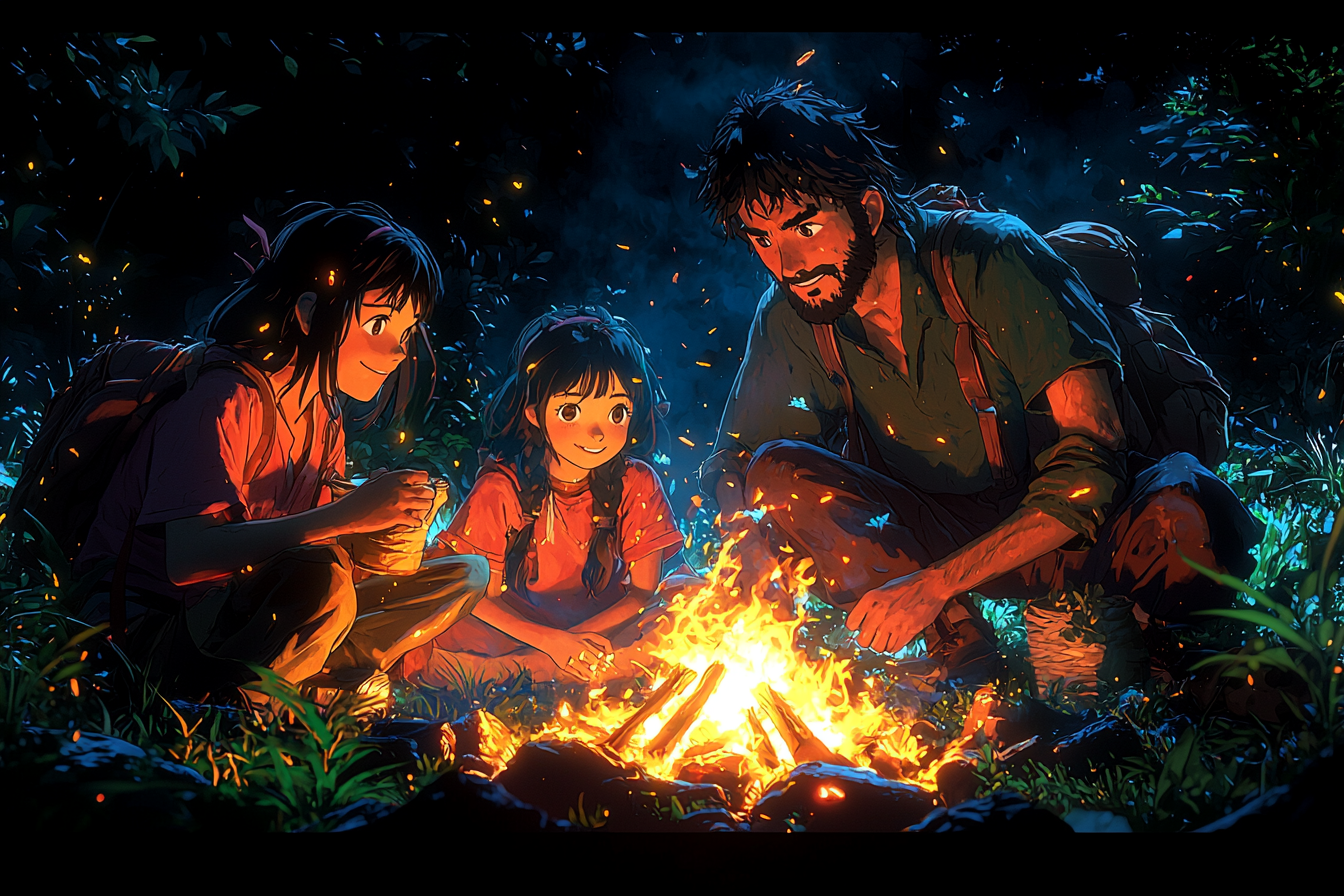Group making snacks around campfire, vivid colors, detailed landscapes.