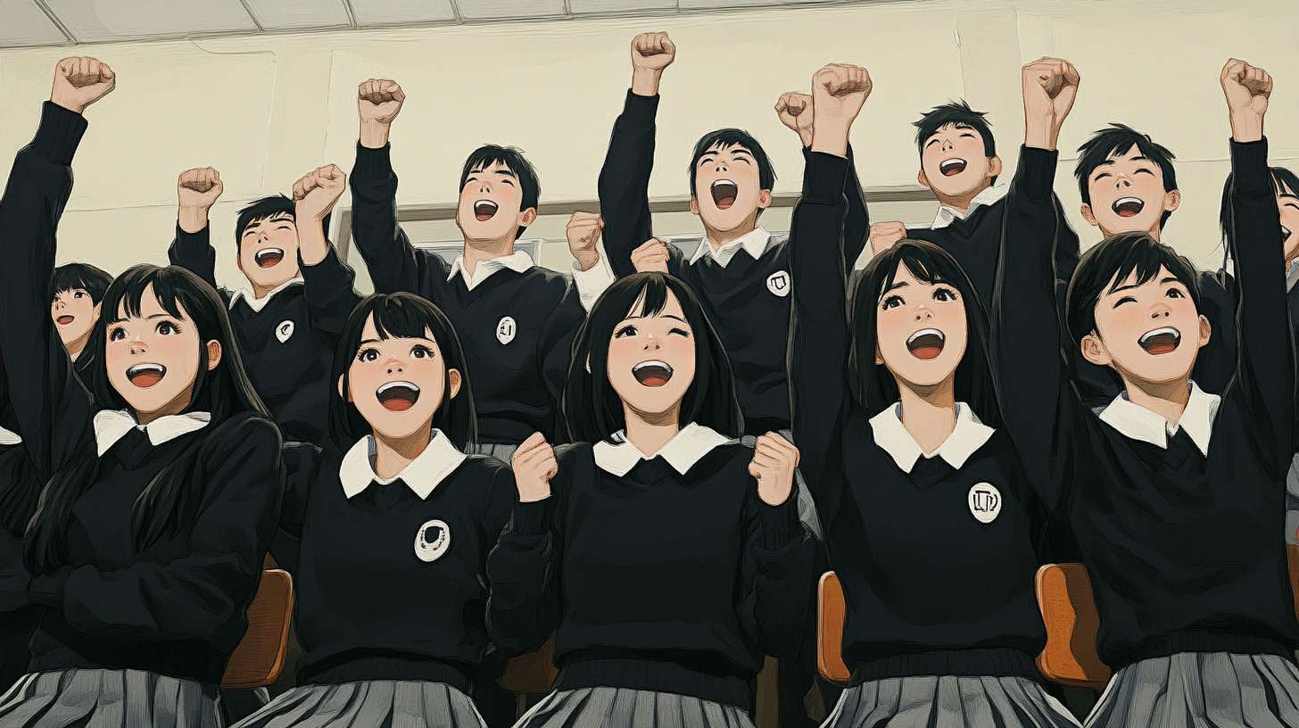 Group of 10 Japanese students in black school uniforms cheering.