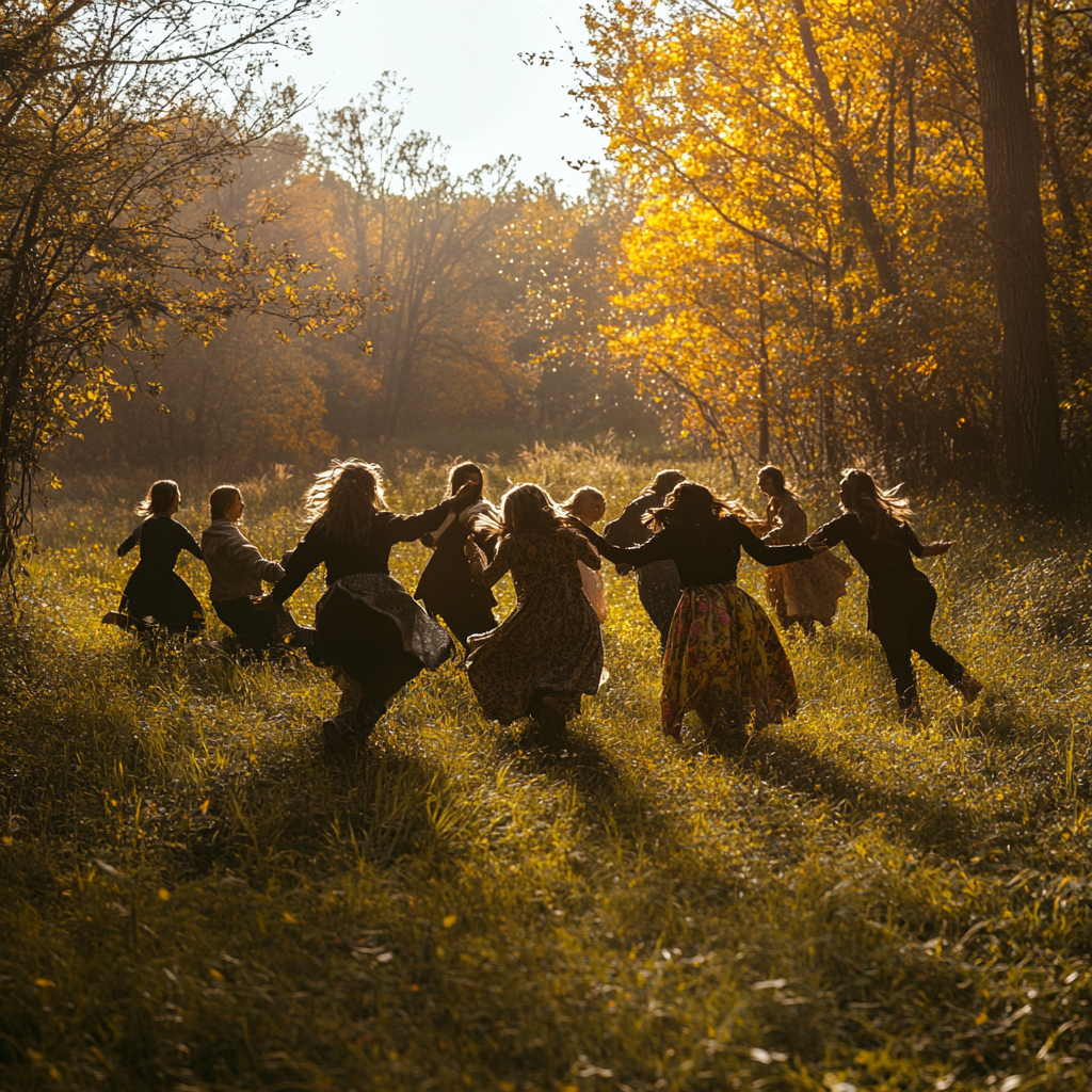 Group of 40s people dancing in lush field.