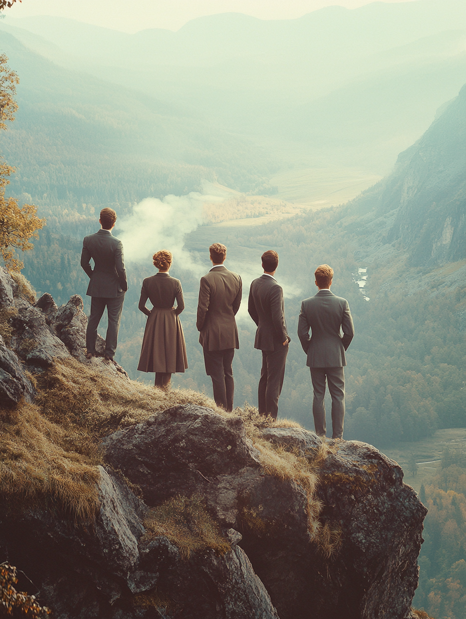 Group of 5 people in suits on mountain. Beautiful view.