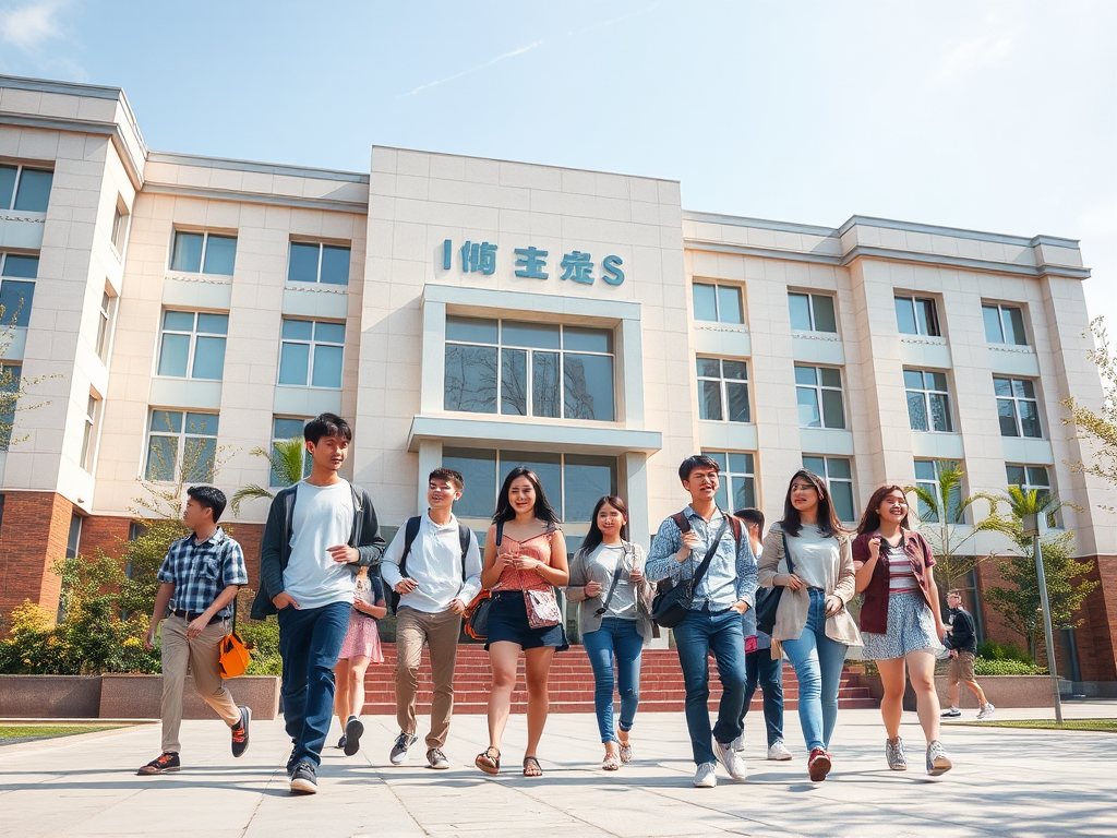 Group of Asian college students laughing walking on campus.