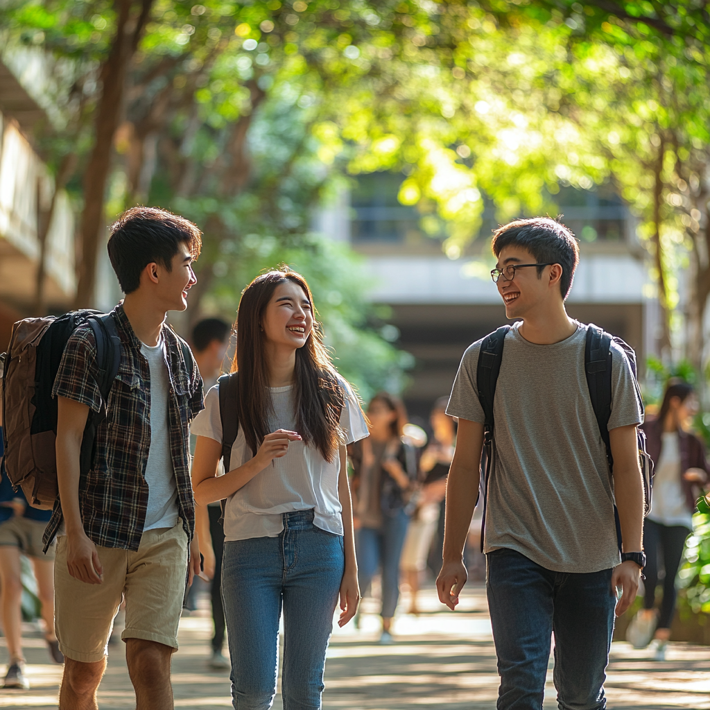 Group of Asian college students walking, talking, laughing outdoors.