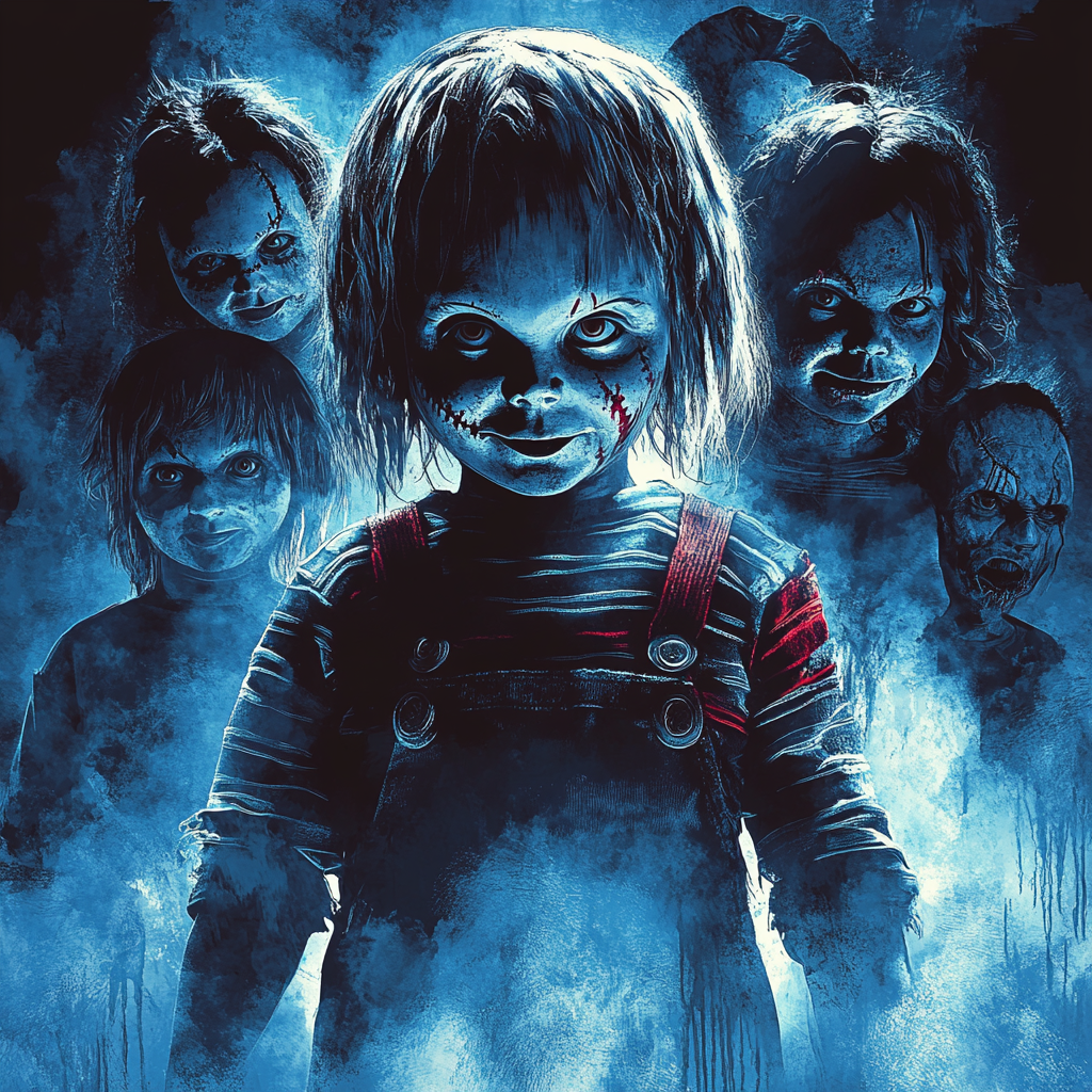 Group of Chucky dolls in menacing poses, eerie atmosphere.