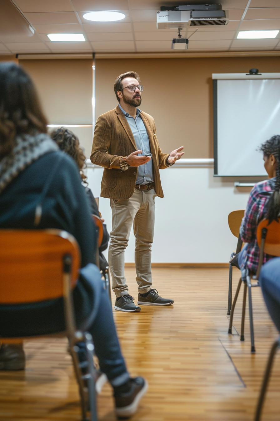 Group of adults in public speaking workshop classroom.