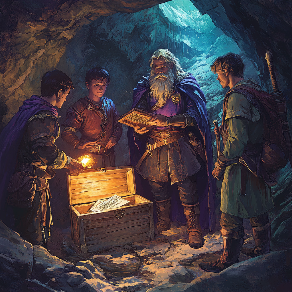 Group of adventurers in cave with discovered tablet.