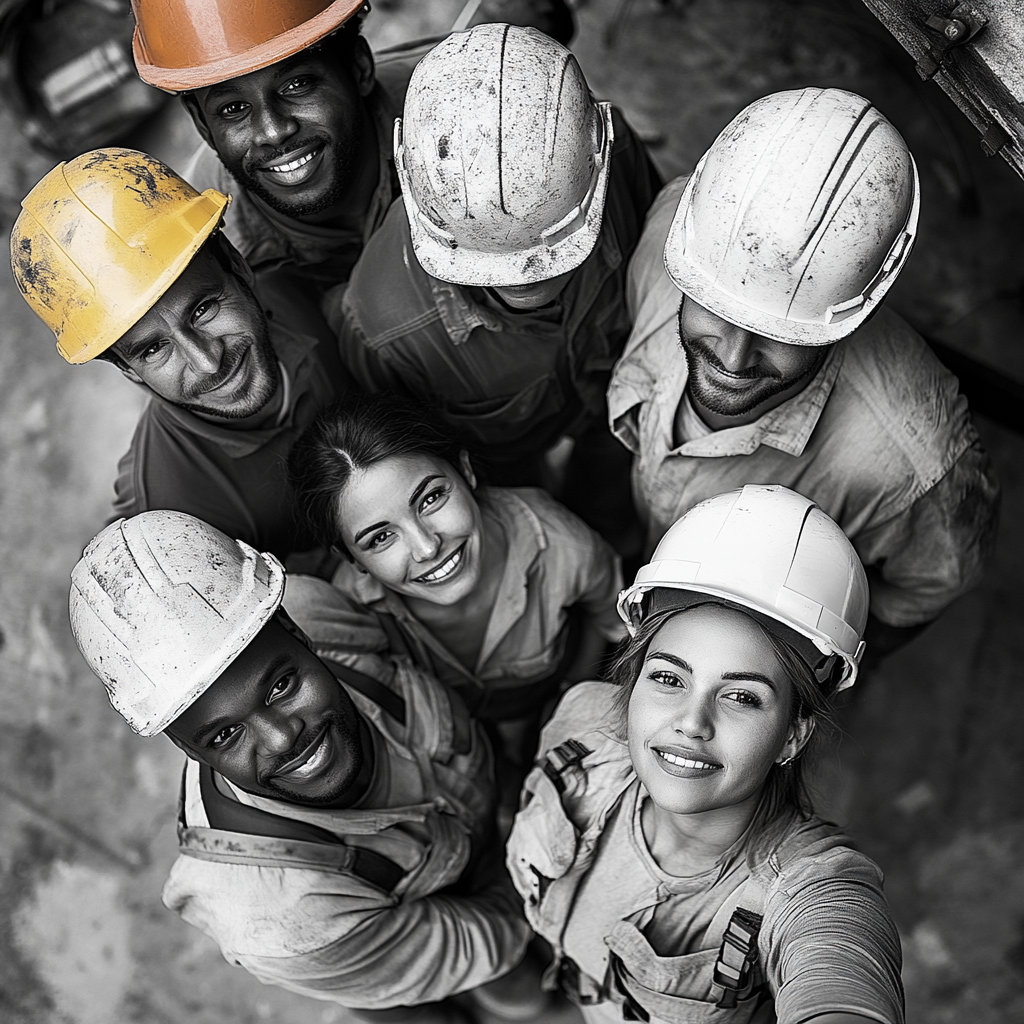 Group of construction workers of various ethnicities in photo.