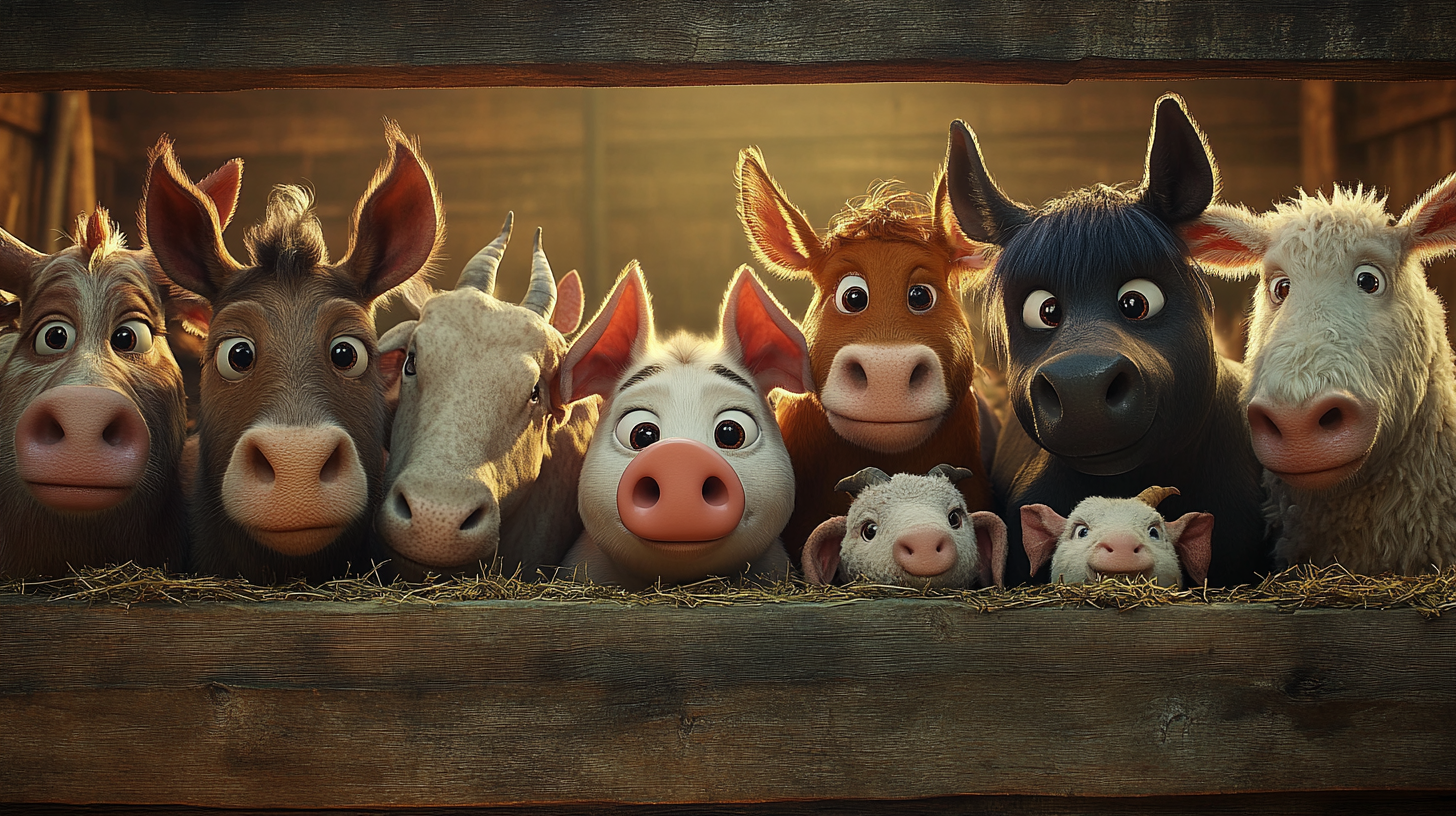 Group of cute farm animals with big eyes.