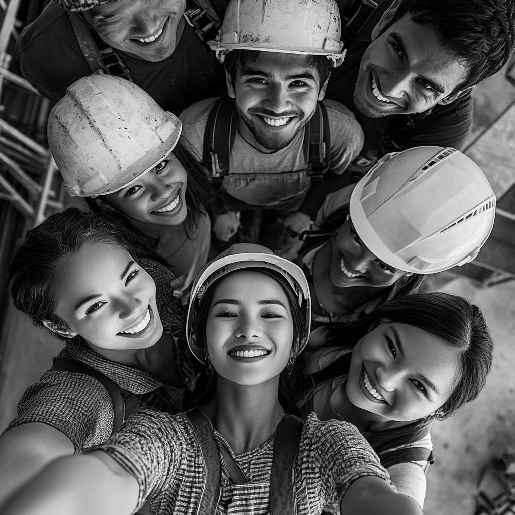 Group of diverse construction workers smiling in photo.