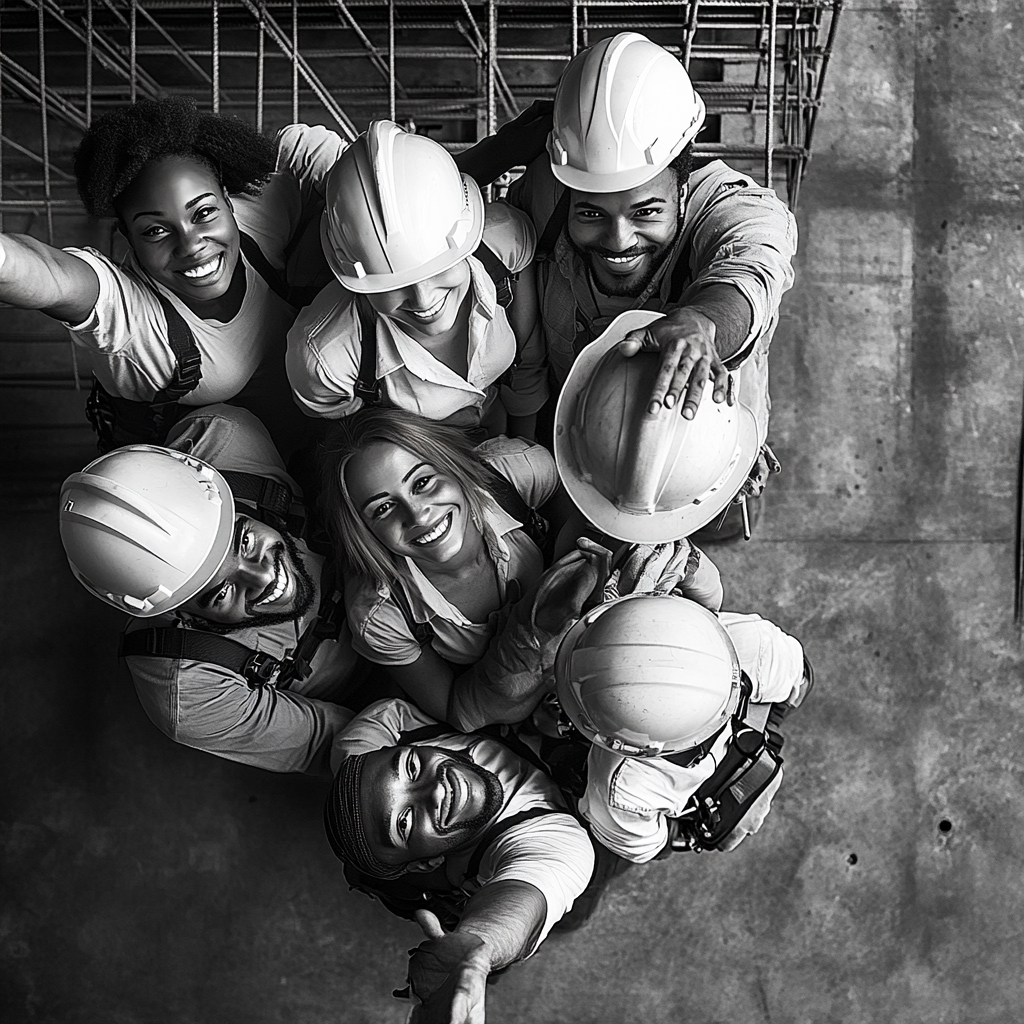 Group of diverse construction workers taking relaxed selfie photo.