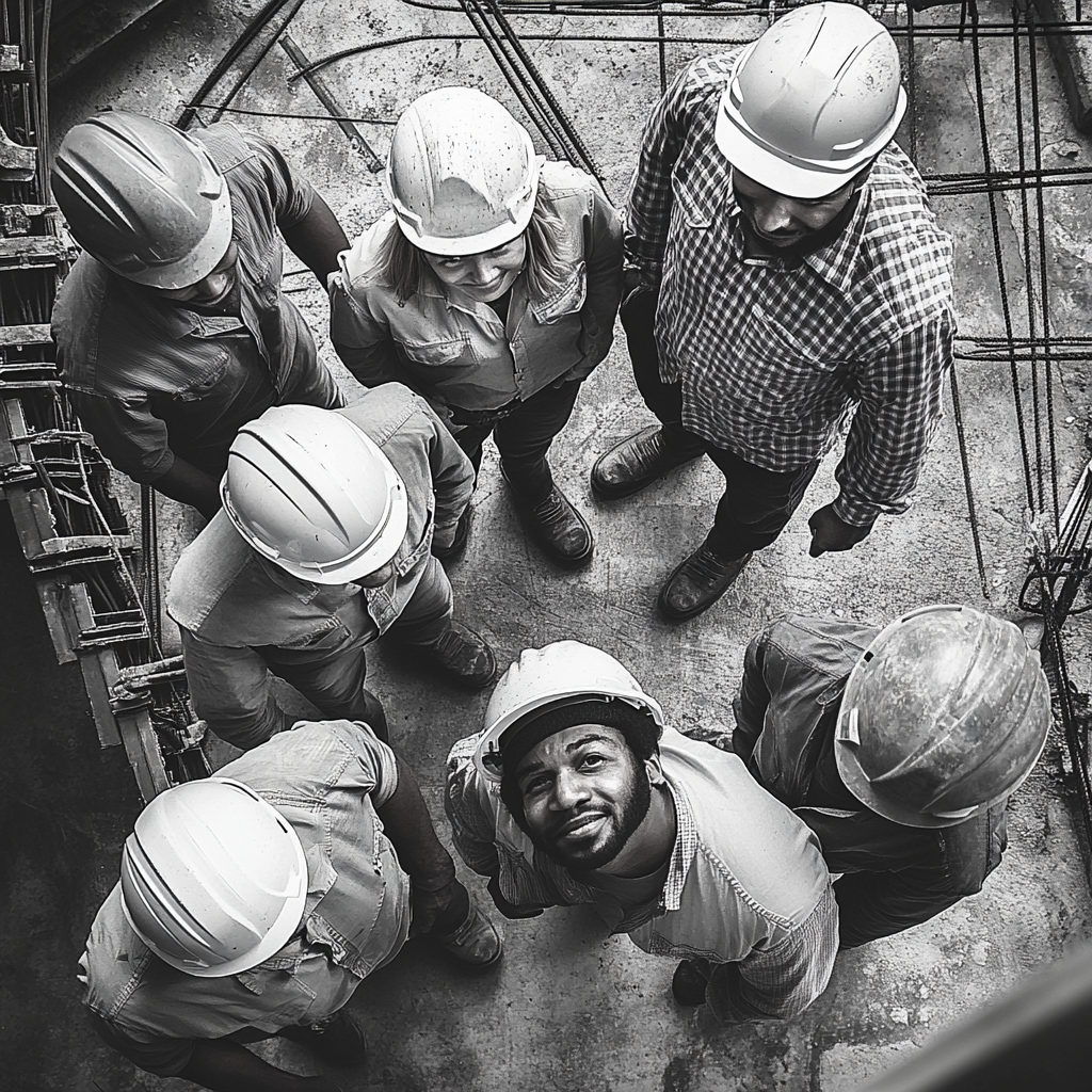 Group of diverse construction workers taking selfie photo.