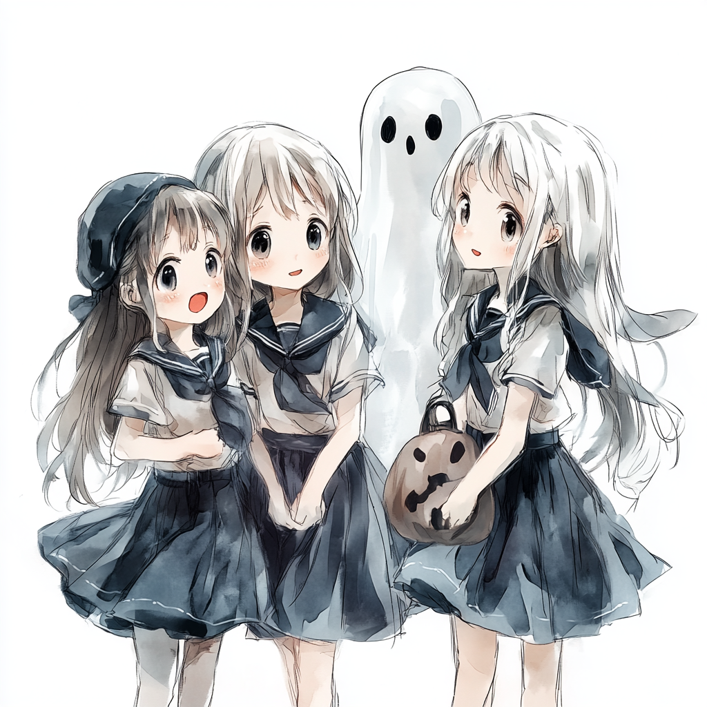 Group of elementary girls dressed as witches with ghost.