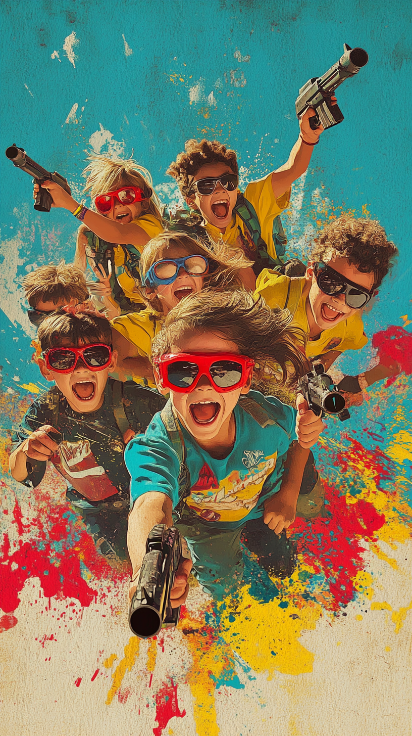 Group of kids bursting forward in retro movie poster.