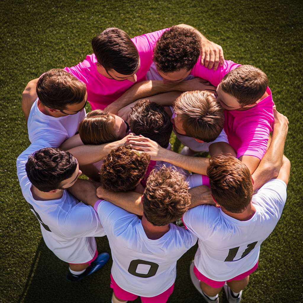 Group of male athletes hugging in white and fuchsia shirts.