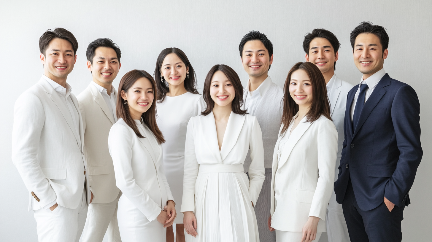 Group of nine Japanese professionals in elegant attire, smiling proudly.