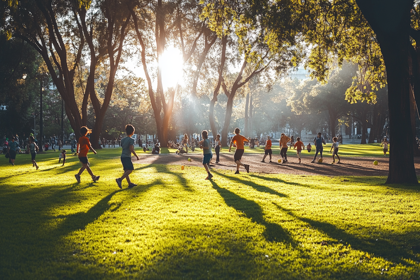 Group of people families playing sports healthy lifestyle outdoors