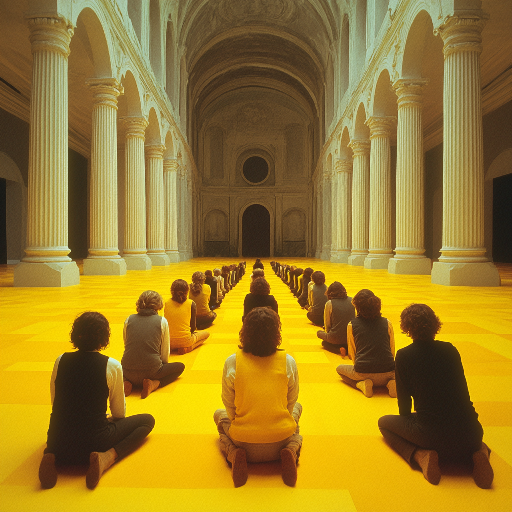 Group of people in colorful scene kneeling indoors.