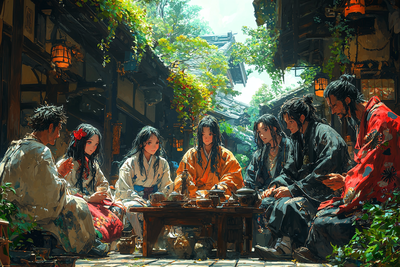 Group of people in modern teahouse with vibrant colors.