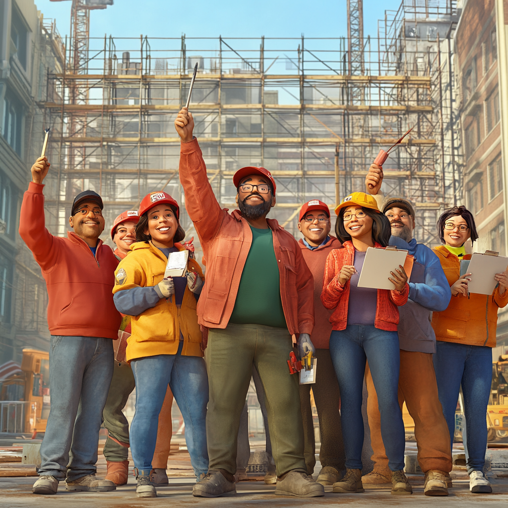 Group of property owners united, holding tools, in front of a building.