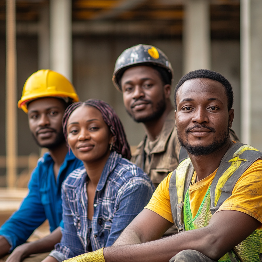 Group of proud workers on building site, looking into camera.