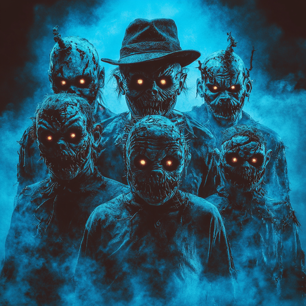 Group of scary Freddys in dynamic eerie composition.