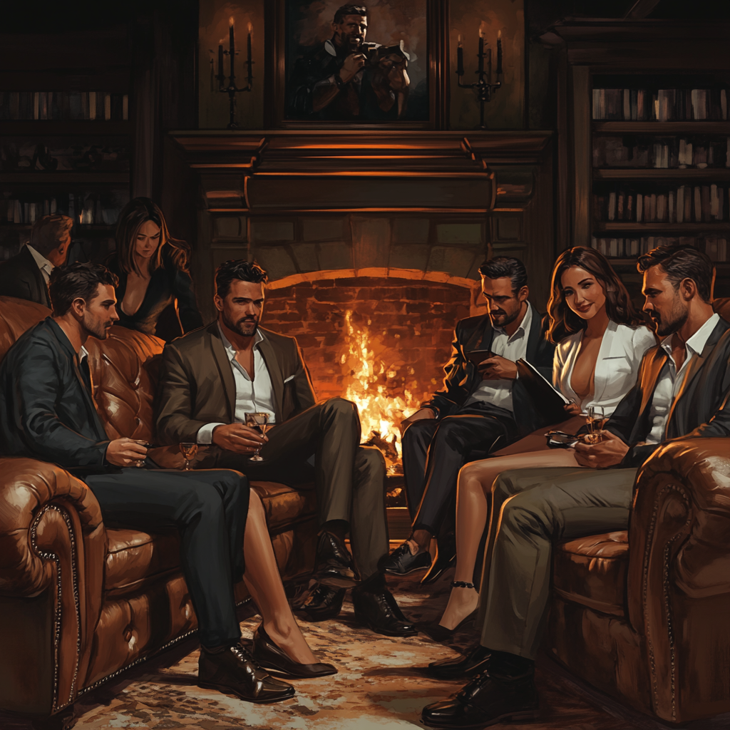 Group of smartly dressed men and women in bar.