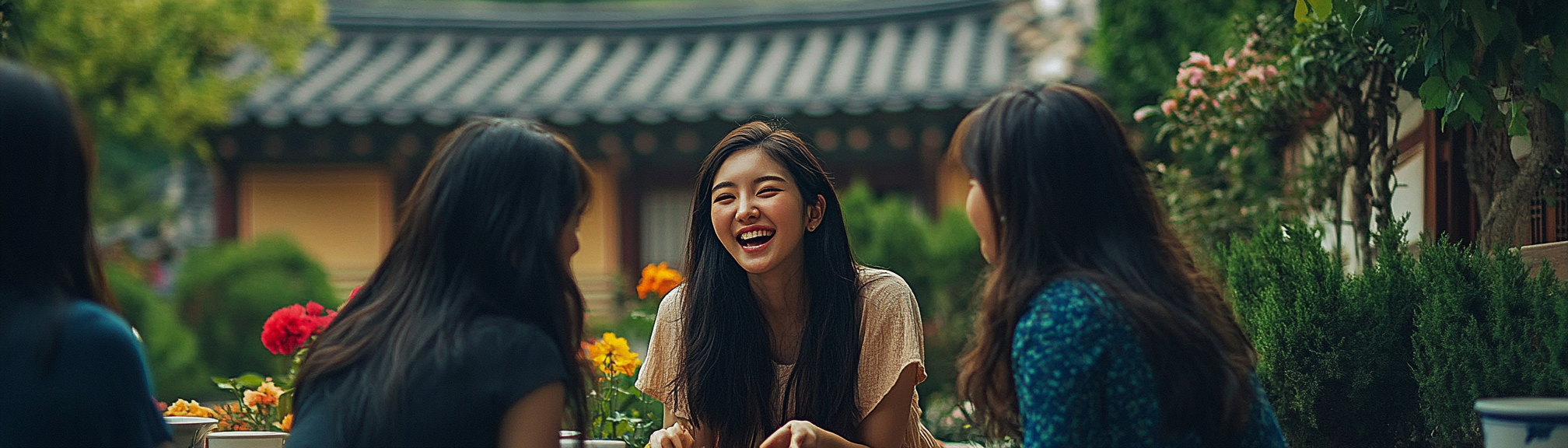 Group of young Korean and European women in garden.