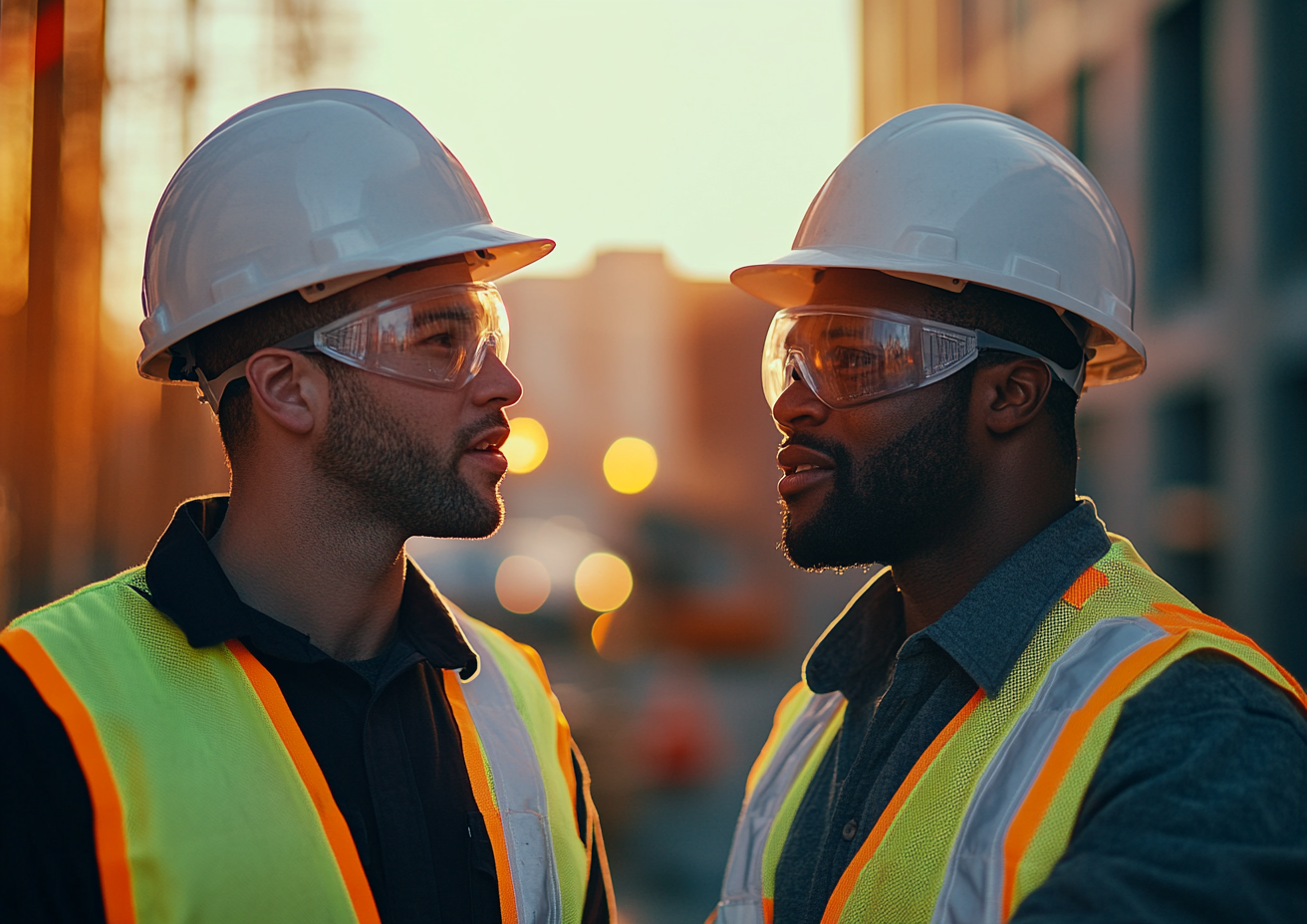 Group of young male construction workers talking with supervisor.