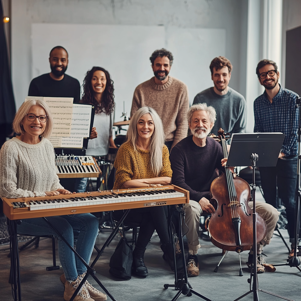 Group photo of diverse adults in music class studio.