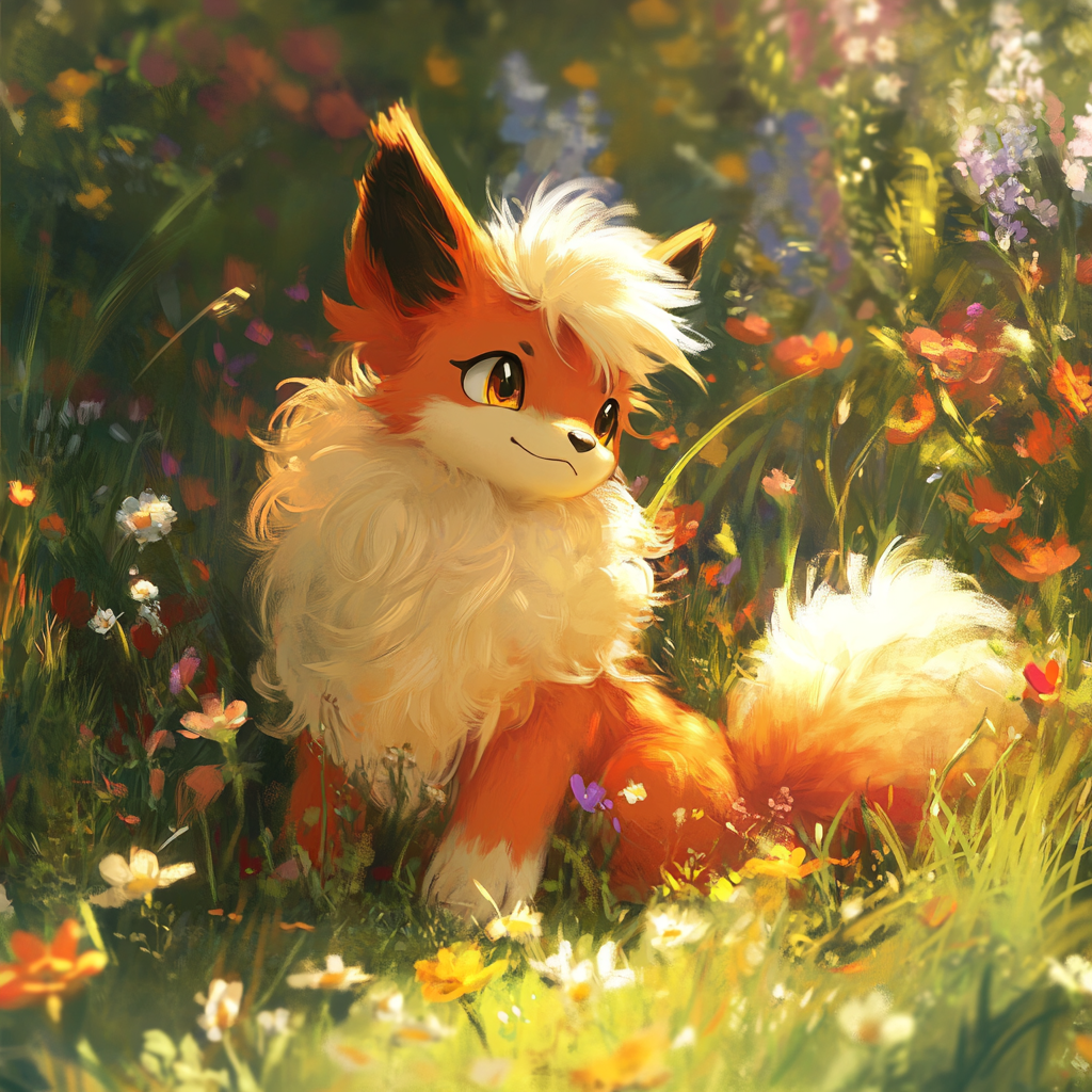 Growlithe sitting in meadow surrounded by wildflowers, fluffy fur.