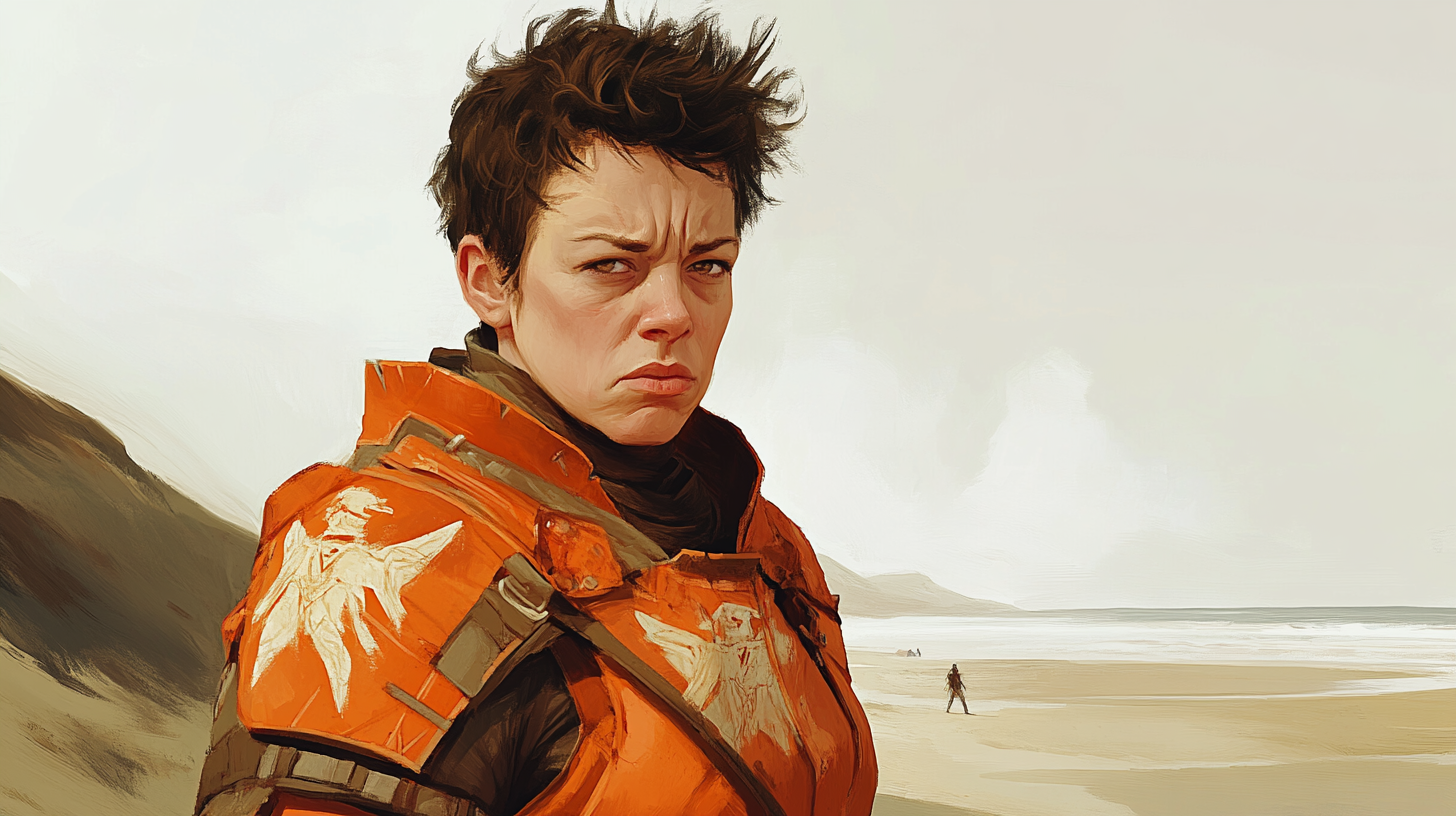 Grumpy paladin Olivia Coleman on misty beach.