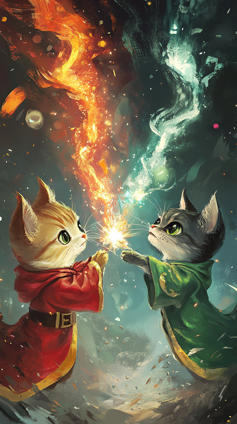 Gryffindor cat and Slytherin dog in magic duel.