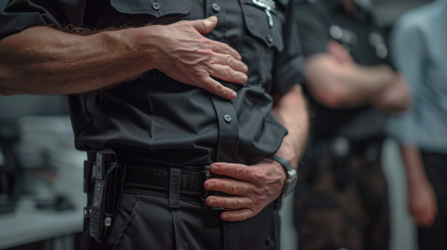 Guard's hands in pat-down inspection, intense textures and tension.