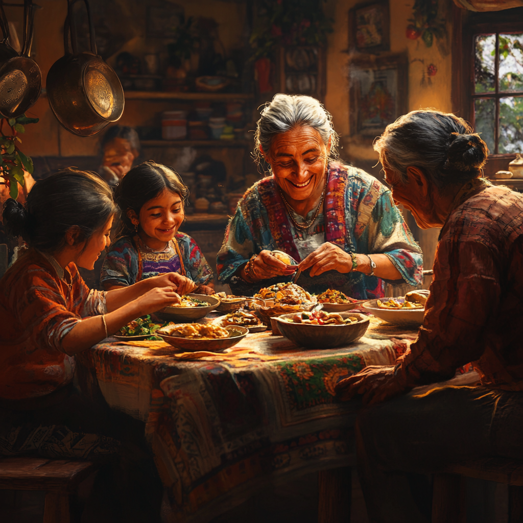 Guatemalan family joyfully eating together in cozy kitchen