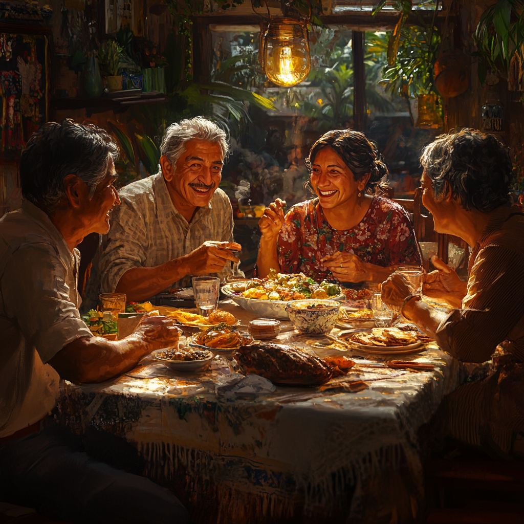 Guatemalan family shares joyful meal around table