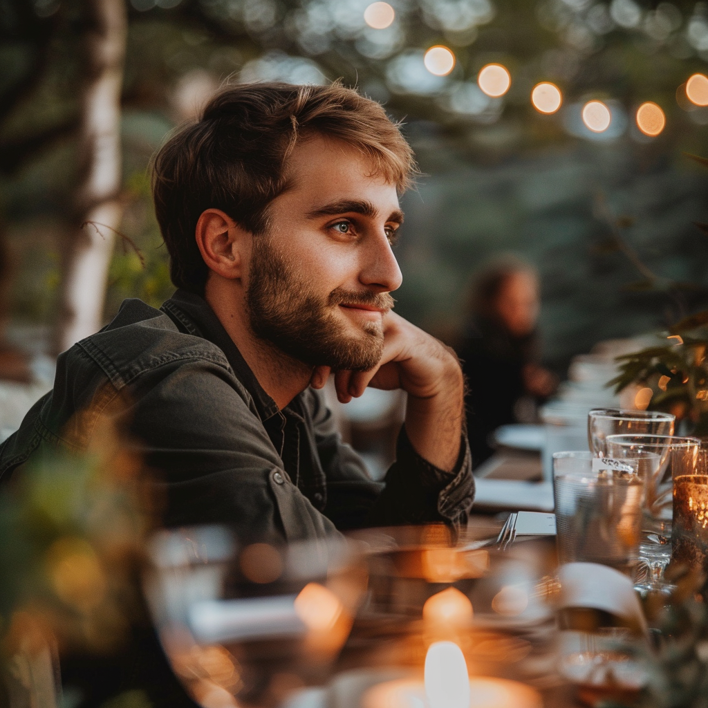 Guest sits quietly at outdoor dinner table in nature