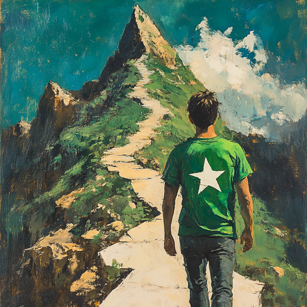 Guide in green shirt with white star climbs mountain.