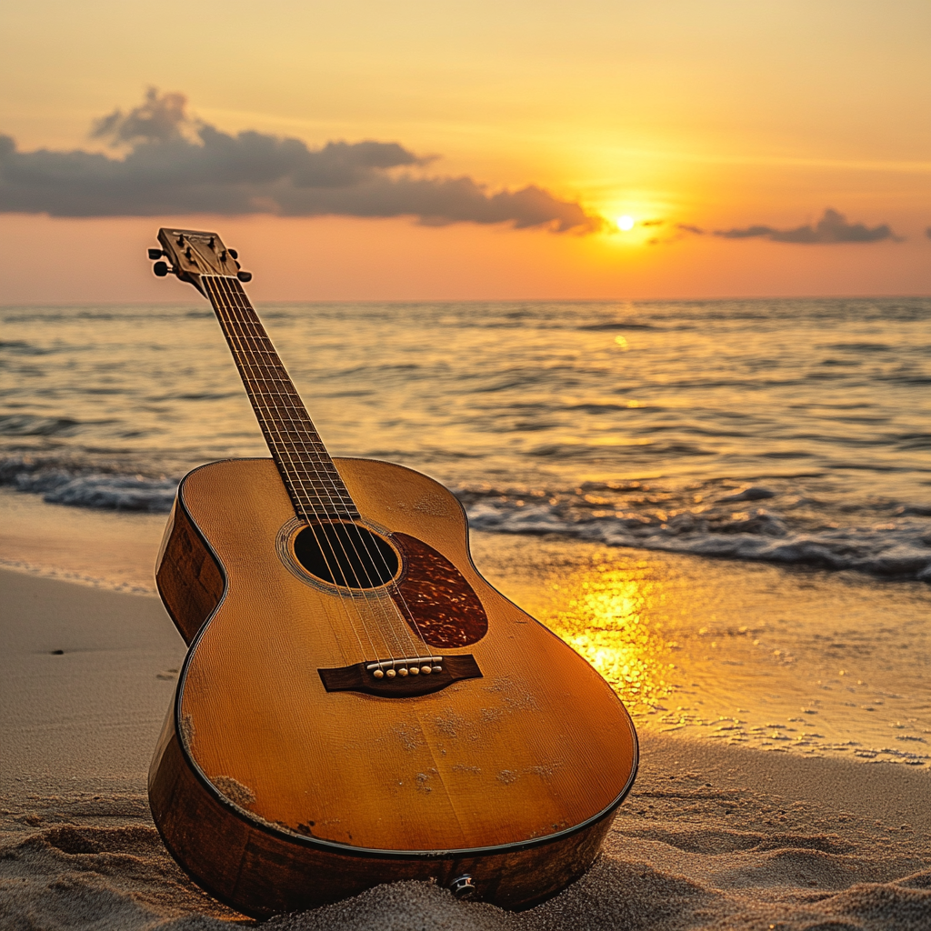 Guitar on sandy beach with ocean and sunset backdrop.